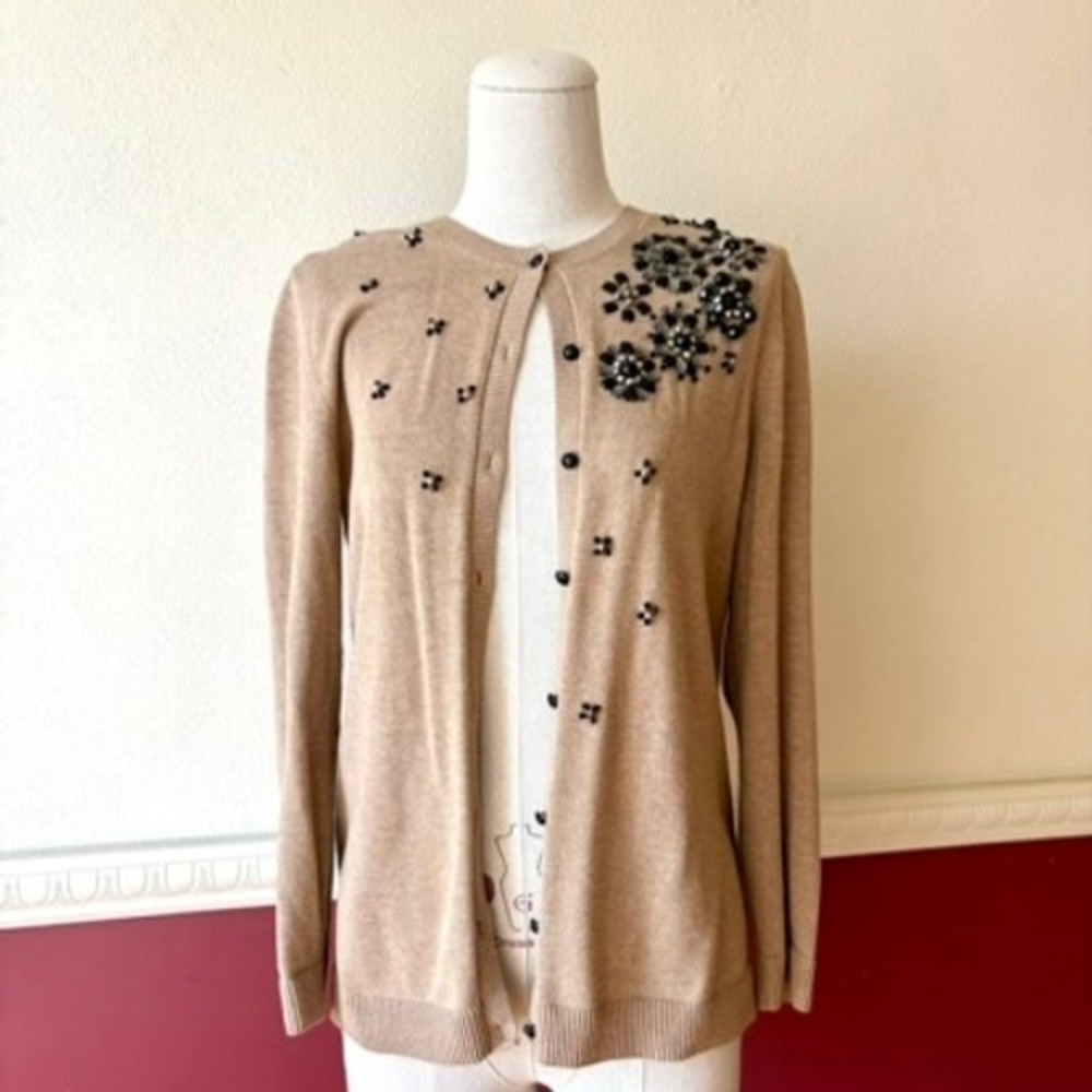 Anne Klein Tan Beaded Floral Cardigan Sweater Womens S‎ Jewel Button Camel Retro